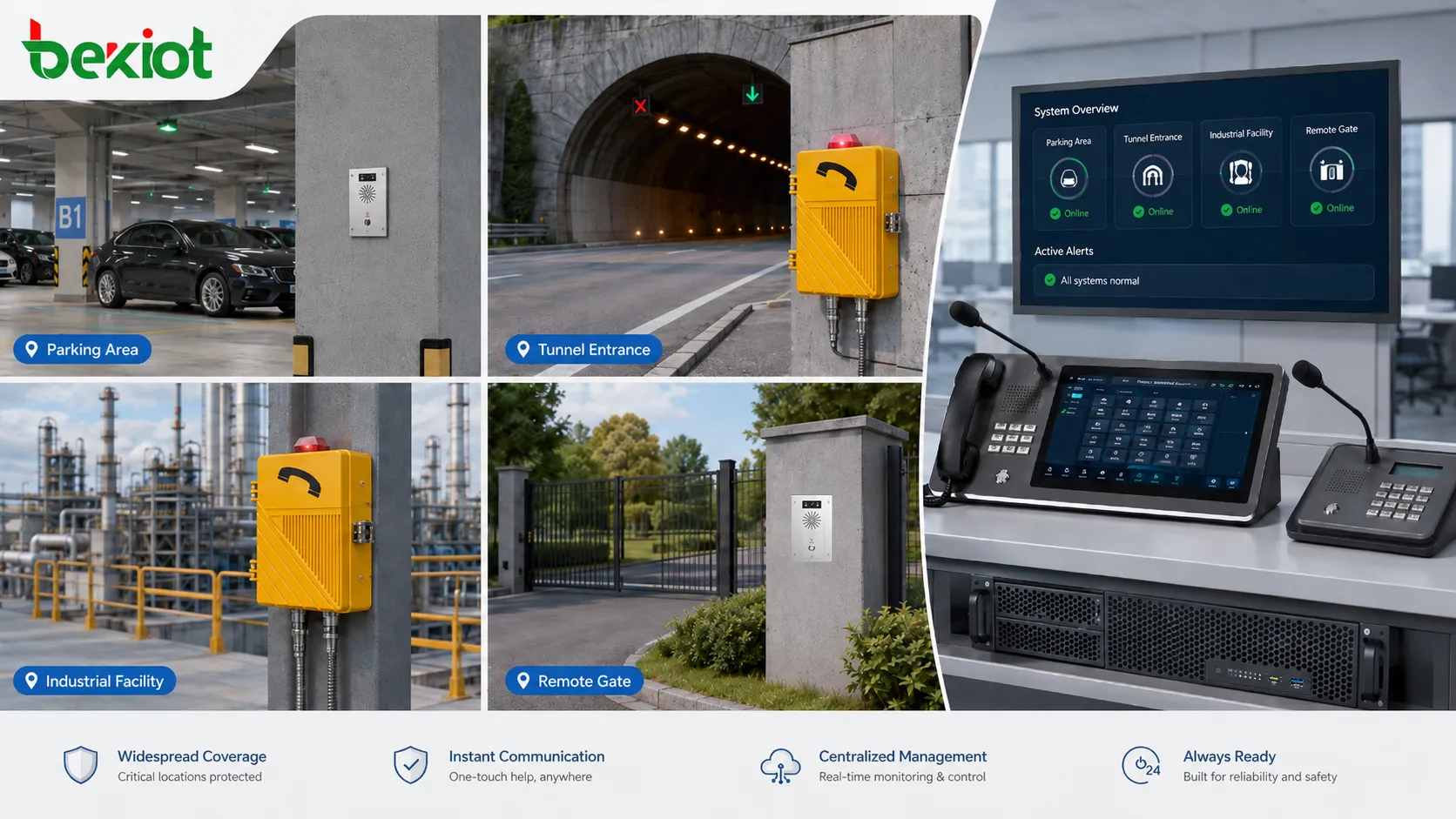 Emergency call devices deployed across parking area tunnel entrance industrial facility campus walkway and remote gate for critical site safety coverage