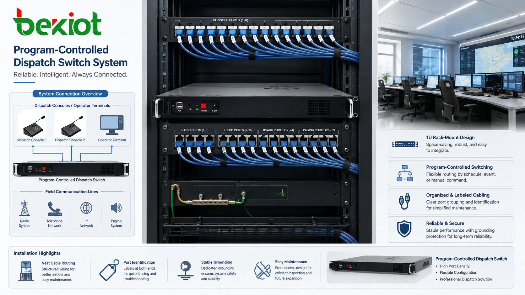 Program controlled dispatch switch installation showing rack mounting labeled ports cable routing grounding and connection to dispatch consoles