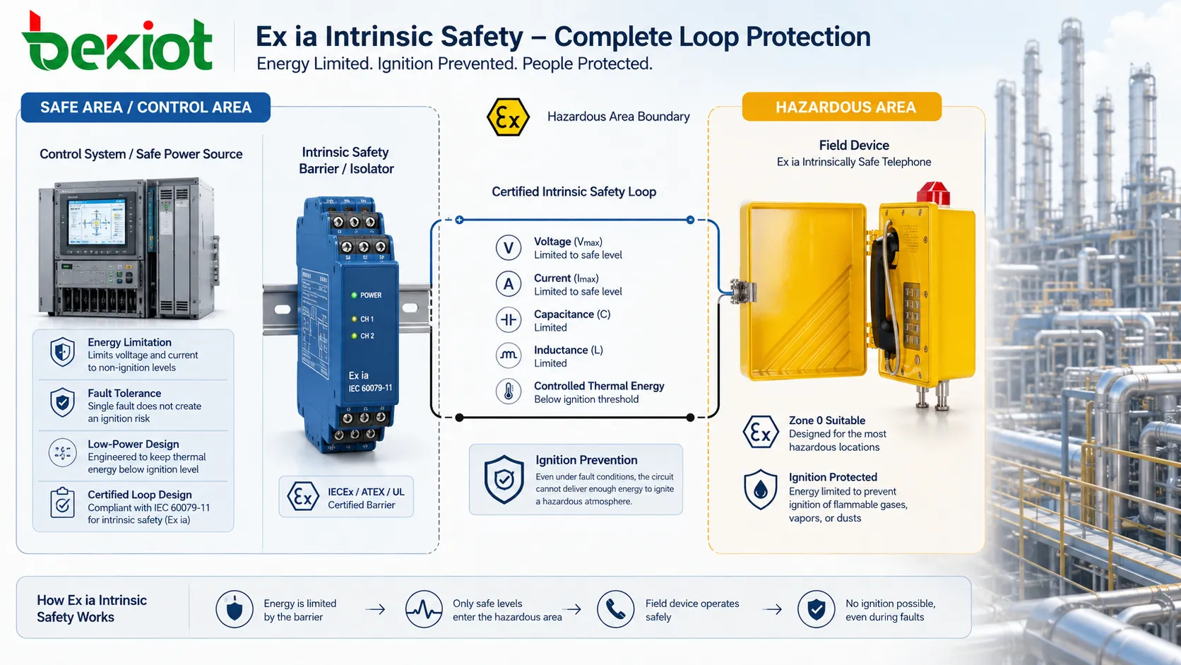 Ex ia intrinsic safety circuit showing energy limitation through barrier field device cable parameters and hazardous area boundary