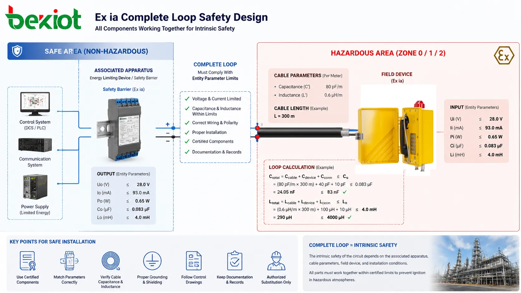Ex ia complete loop safety design showing associated apparatus safety barrier cable capacitance field device and hazardous area installation