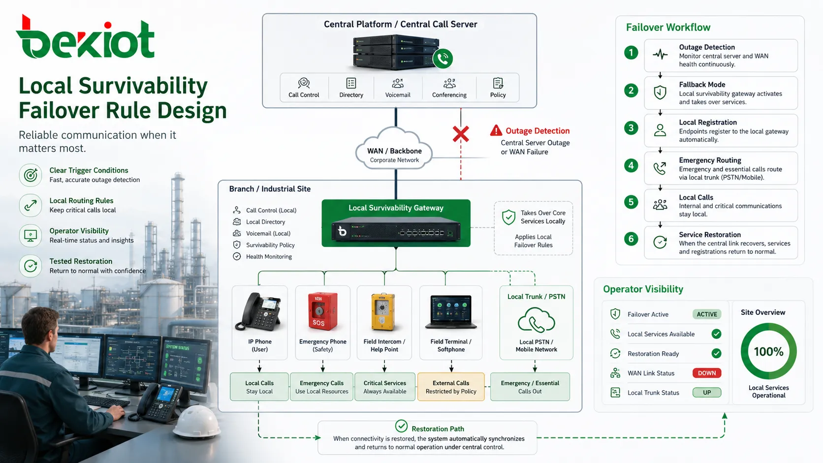 Local Survivability failover rule design showing central server outage detection local registration emergency routing and service restoration workflow