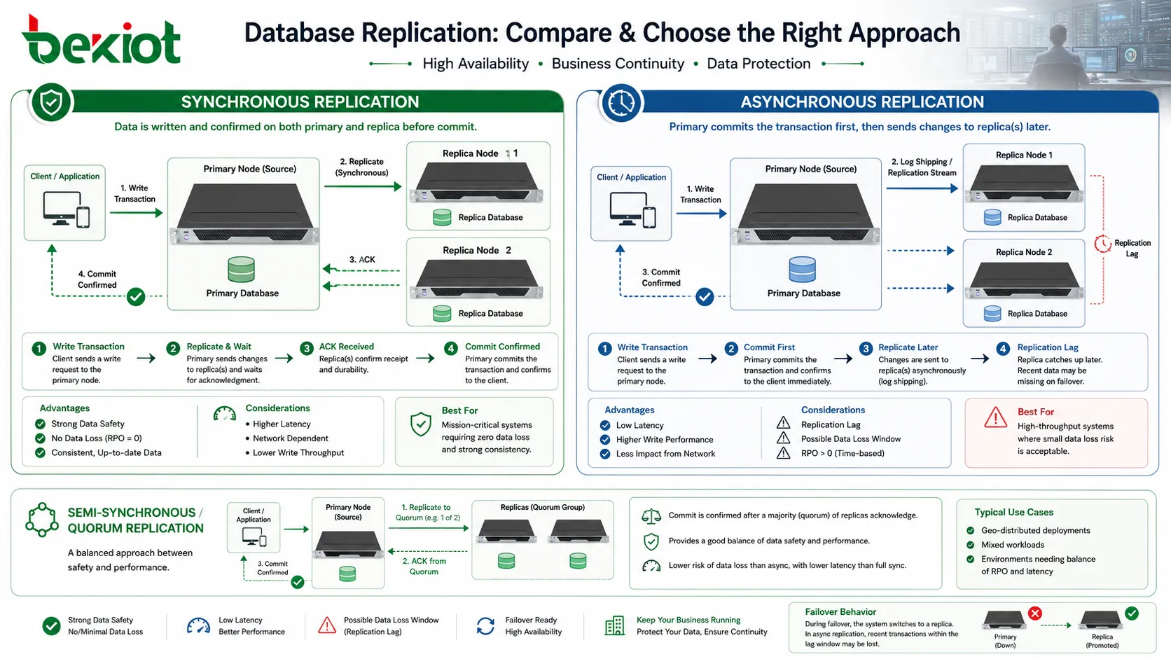 Database replication comparison showing synchronous commit confirmation asynchronous log shipping replication lag and failover behavior