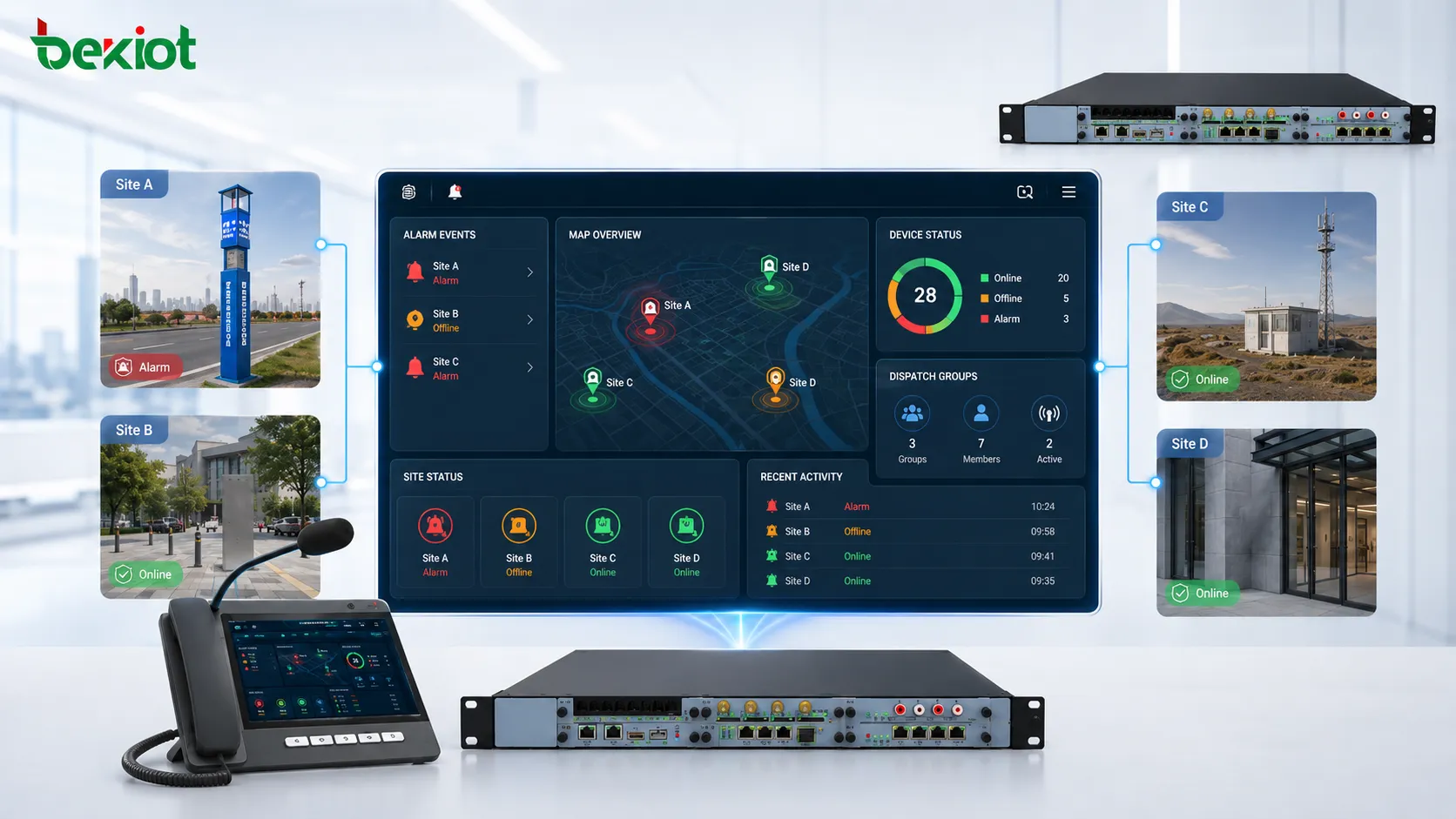 Integrated communication platform showing multi-site device status alarm events dispatch groups and video-assisted situational awareness