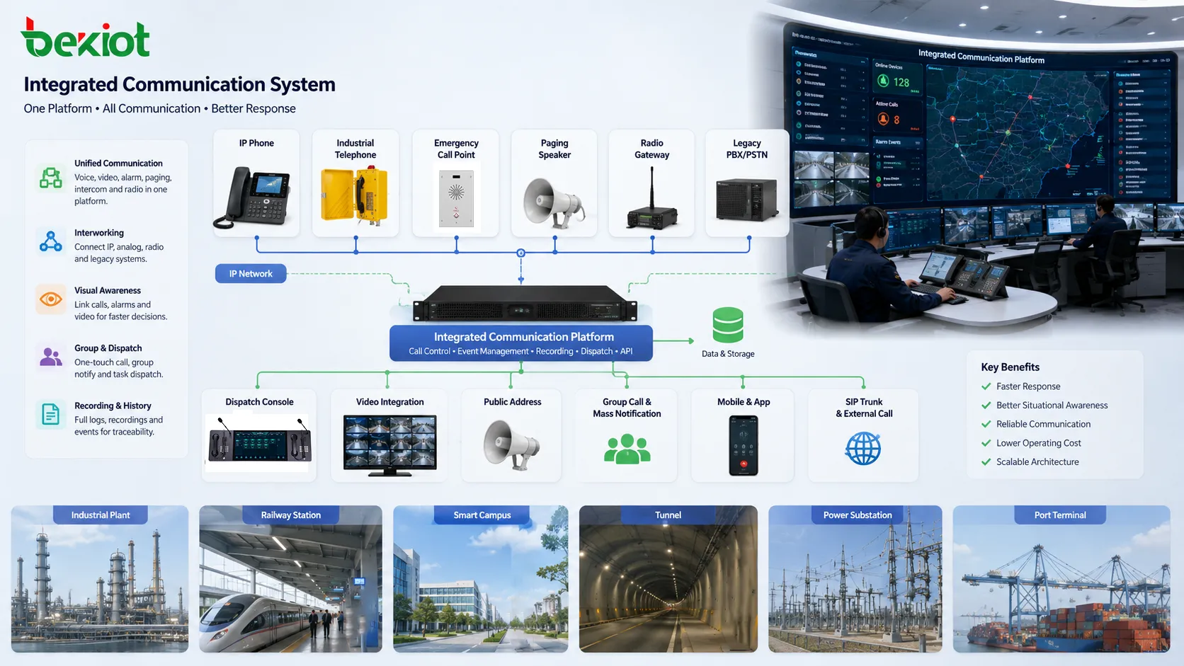 Integrated communication system connecting industrial phones emergency call points paging speakers radio gateway dispatch console and control center platform