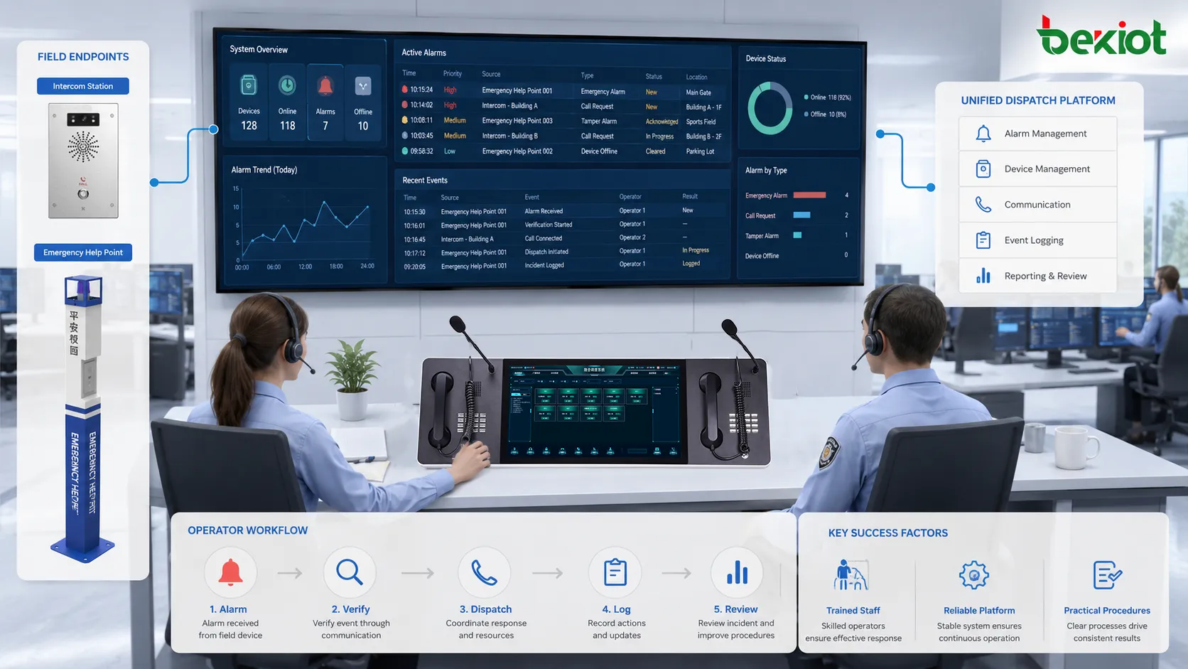 Control room operator workflow showing alarm reception event verification communication dispatch action logging and incident review