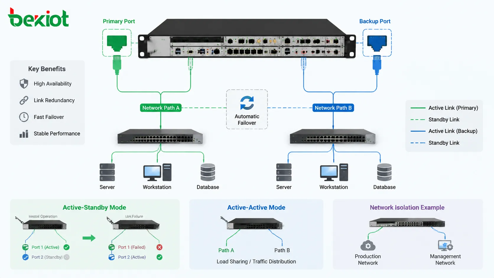 Dual-port redundancy architecture showing primary port backup port separate cables switch paths and failover traffic continuity