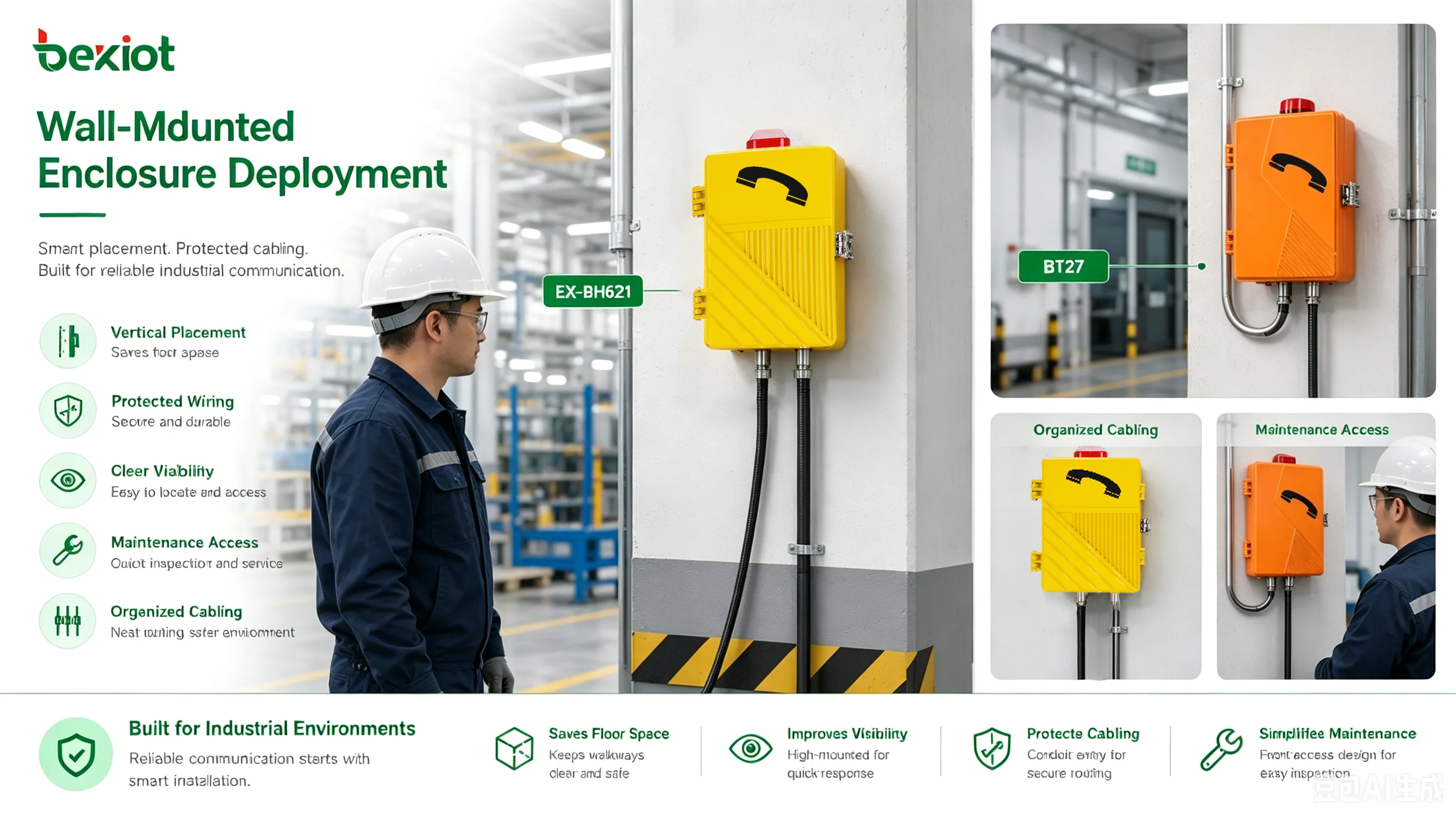 Wall-mounted enclosure deployment showing protected communication equipment organized cabling fixed wall position and maintenance access in an industrial site