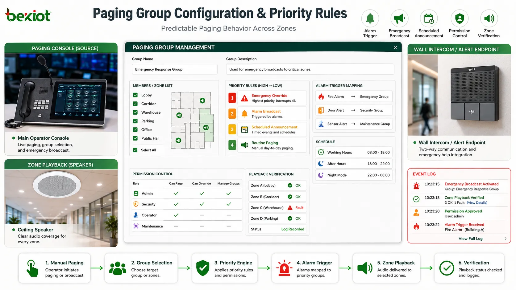 Paging group configuration with priority rules alarm trigger emergency broadcast scheduled announcement permission control and zone playback verification
