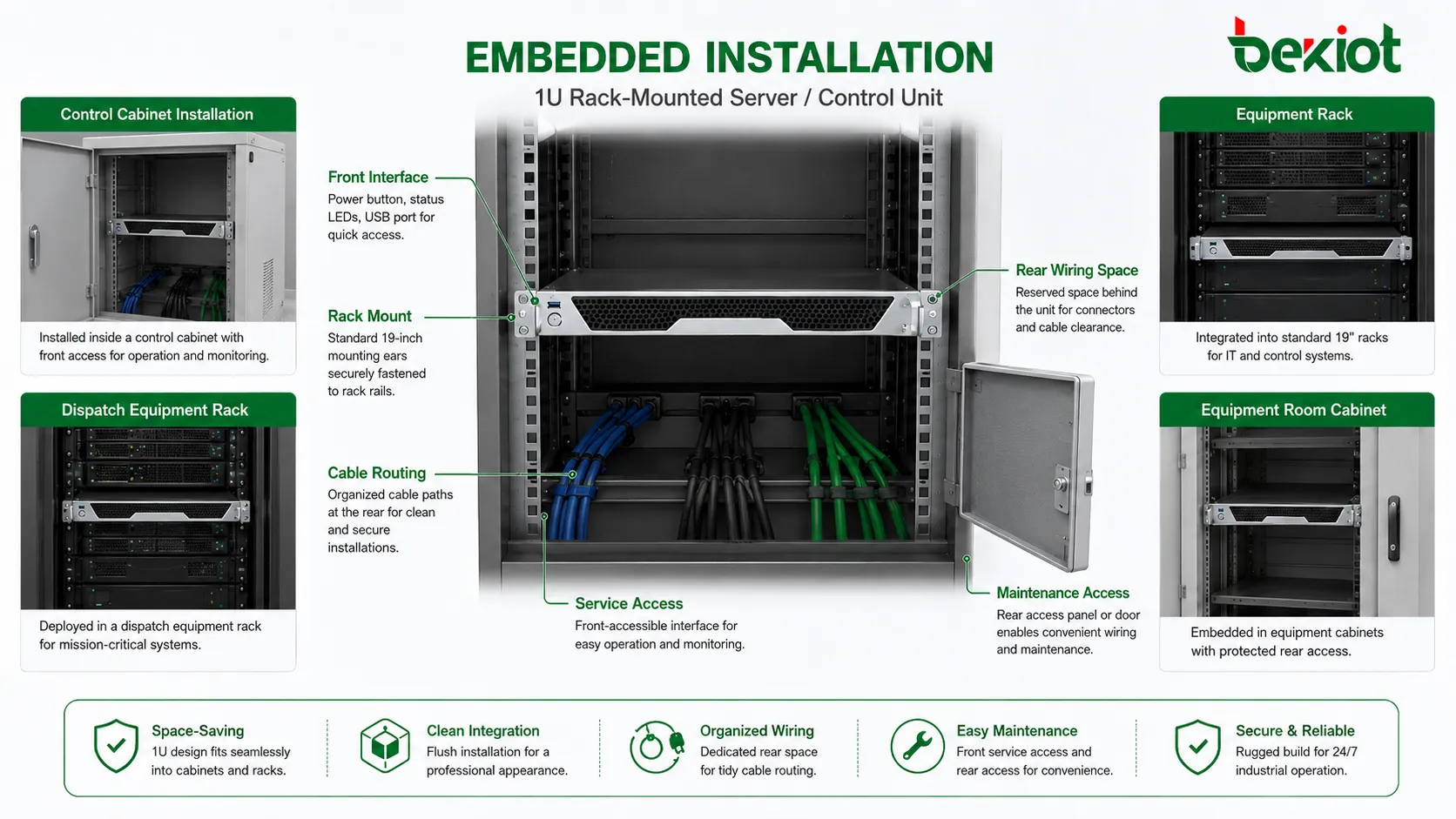 Embedded installation in control console and cabinet showing recessed HMI screen operator buttons cable routing rear access and organized equipment interface