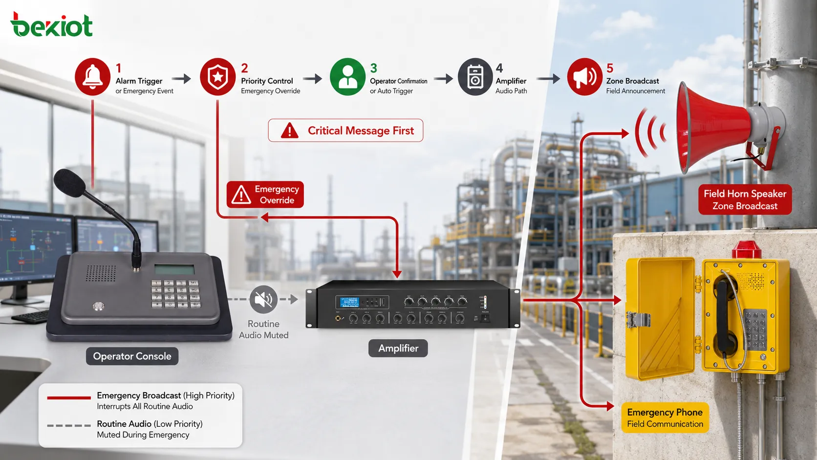 Industrial paging system emergency override showing alarm trigger priority control evacuation message zone broadcast speaker output and operator confirmation