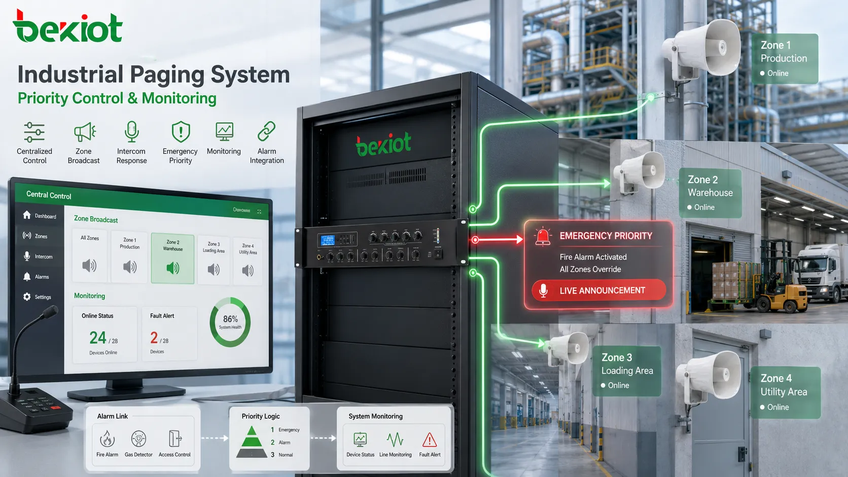 Industrial paging system special features showing centralized control zone broadcast intercom response emergency priority monitoring and alarm integration