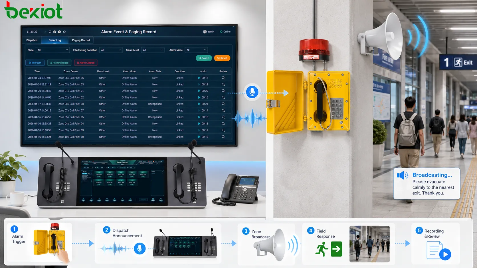 Paging recording emergency response timeline showing alarm event dispatch announcement evacuation message field response video log and incident review