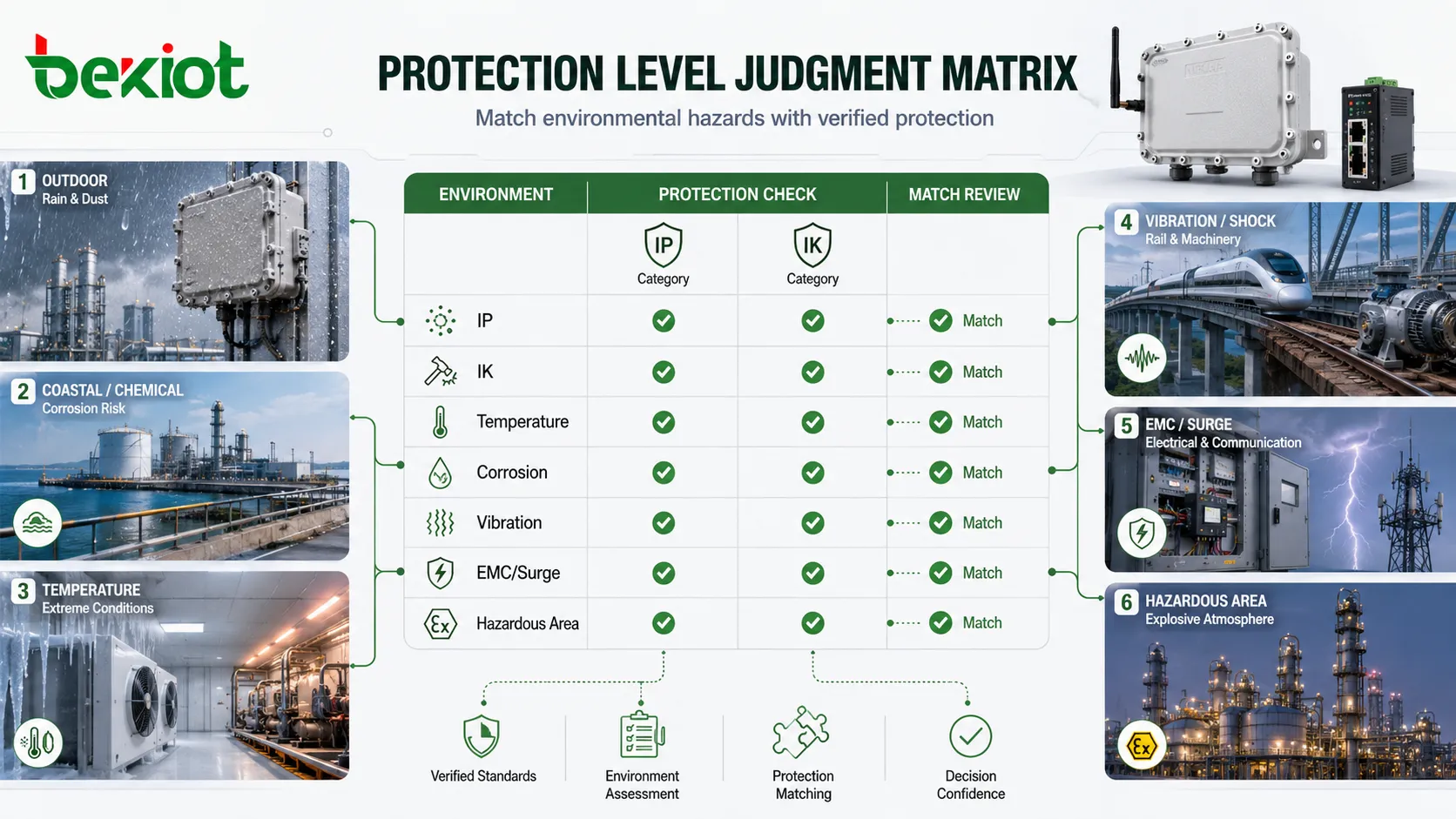 Protection level judgment matrix showing IP ingress rating IK impact rating temperature corrosion vibration EMC surge hazardous area certification and application environment matching