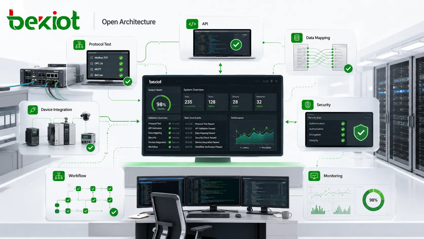 Open Architecture interoperability testing showing protocol compatibility API validation data mapping security checks device integration workflow verification and monitoring dashboard