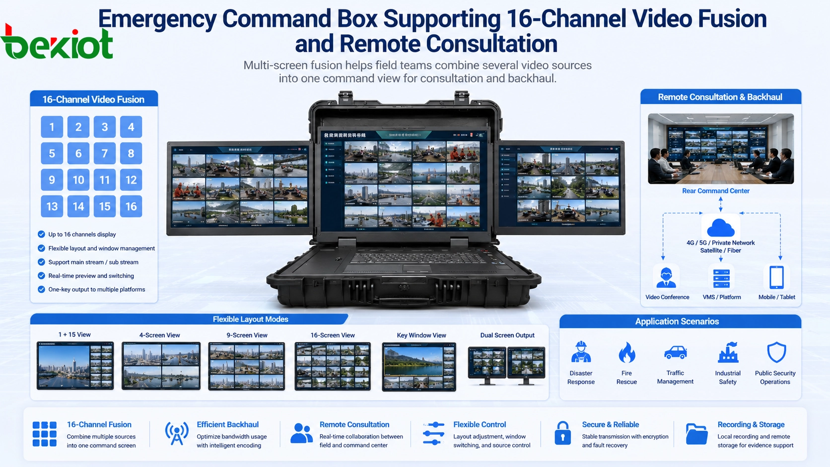 Emergency command box supporting sixteen channel video fusion and remote consultation