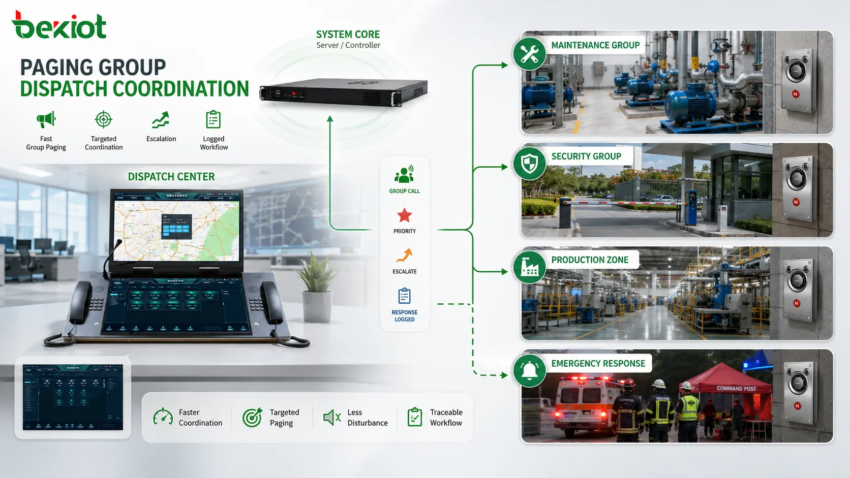 Paging group dispatch coordination showing control room operator maintenance group security group production zone and emergency response announcement routing