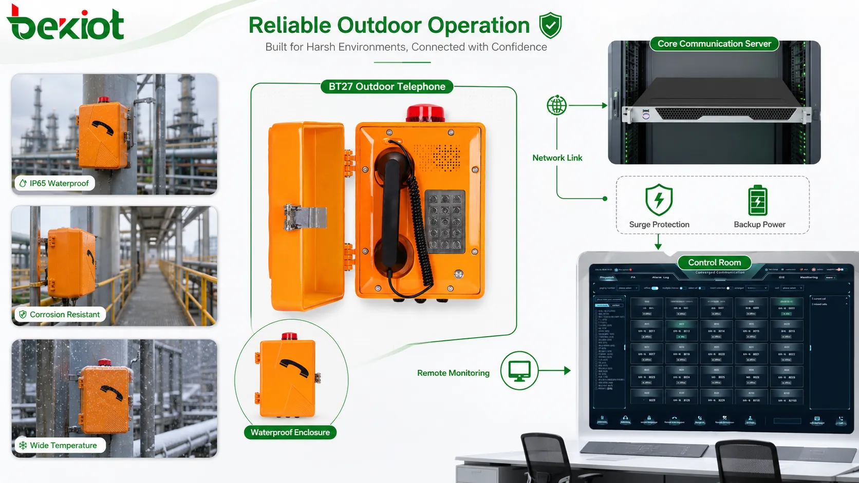 Outdoor operation communication device showing waterproof telephone network cable surge protection backup power control room connection and remote monitoring path