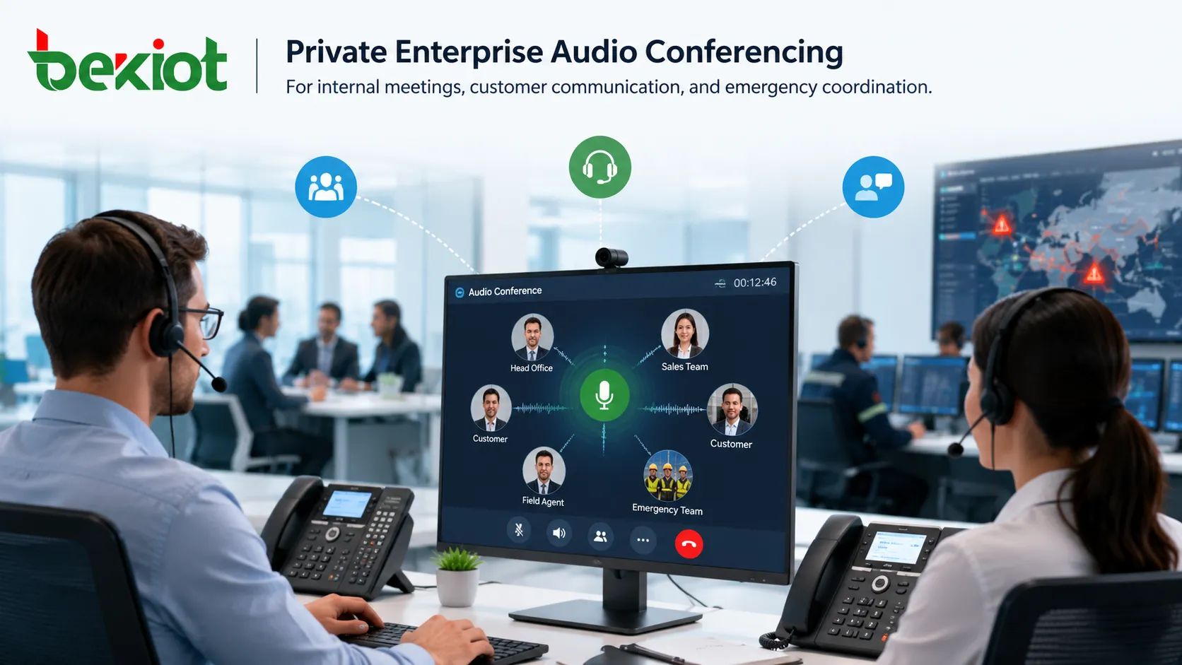 Private enterprise audio conferencing solution for internal meetings, customer communication, and emergency coordination