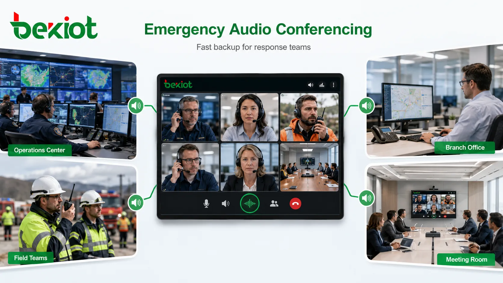 Emergency audio conferencing for operations centers, branch offices, field teams, and large meeting rooms