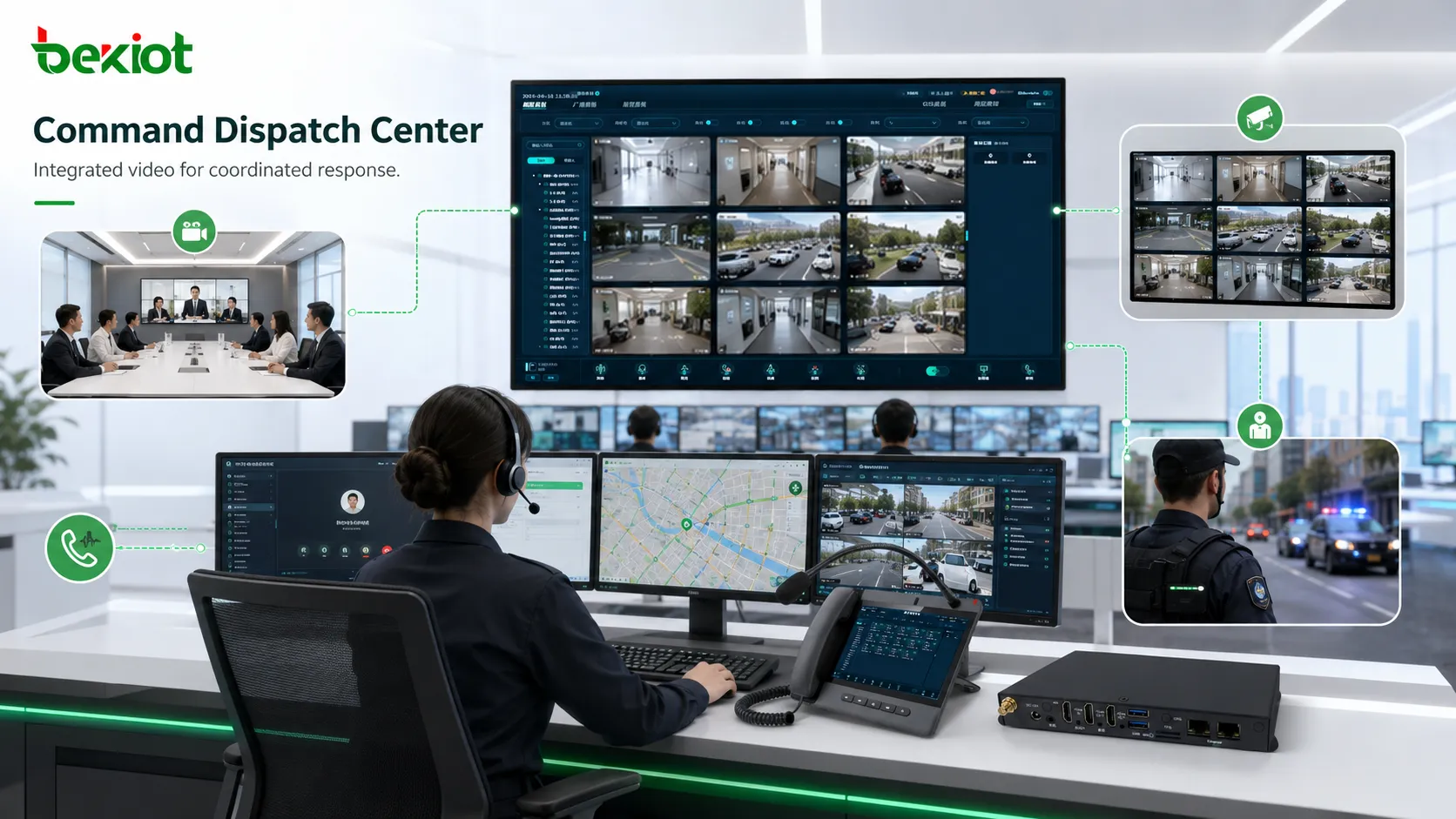 Command dispatch center integrating video conference rooms, surveillance streams, SIP communication, and field video devices