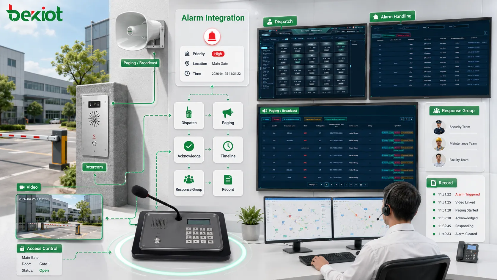 Alarm Integration system value dashboard showing alarm priority location video linkage response group notification workflow acknowledgement and event timeline