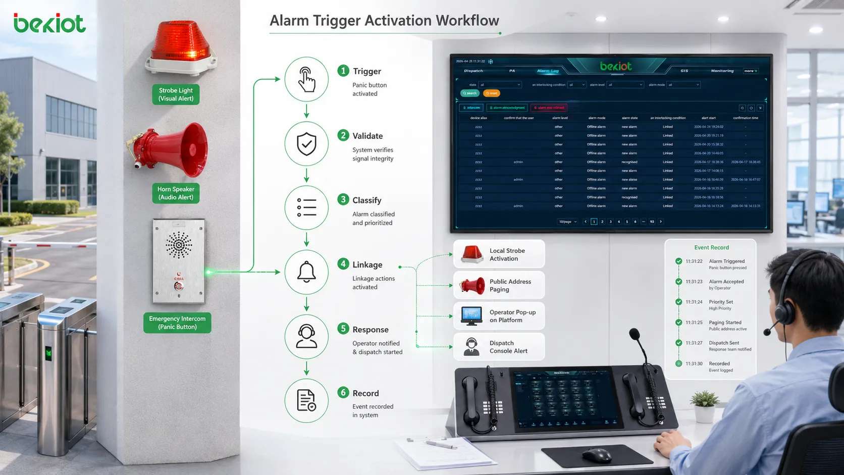How does the alarm trigger activate the alarm system?