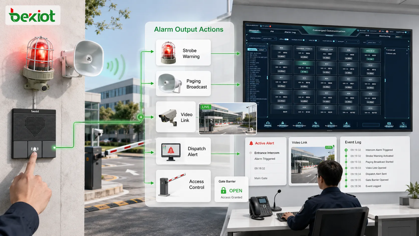 Alarm trigger output actions showing siren strobe paging evacuation announcement video pop-up dispatch notification access control and event logging
