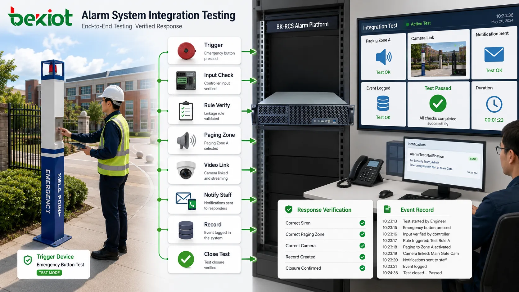 Alarm trigger system integration testing showing emergency button detector controller BK-RCS alarm platform paging zone notification path video linkage and response verification