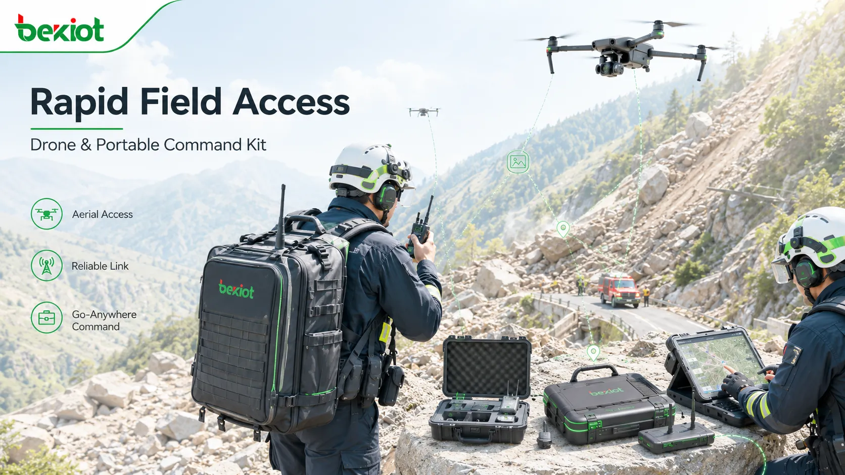 Drones and portable emergency command kits used when roads are blocked after disasters