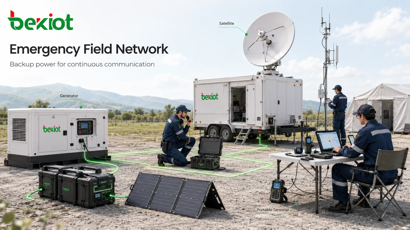 Emergency command field network with satellite communication backup power generator and portable terminals
