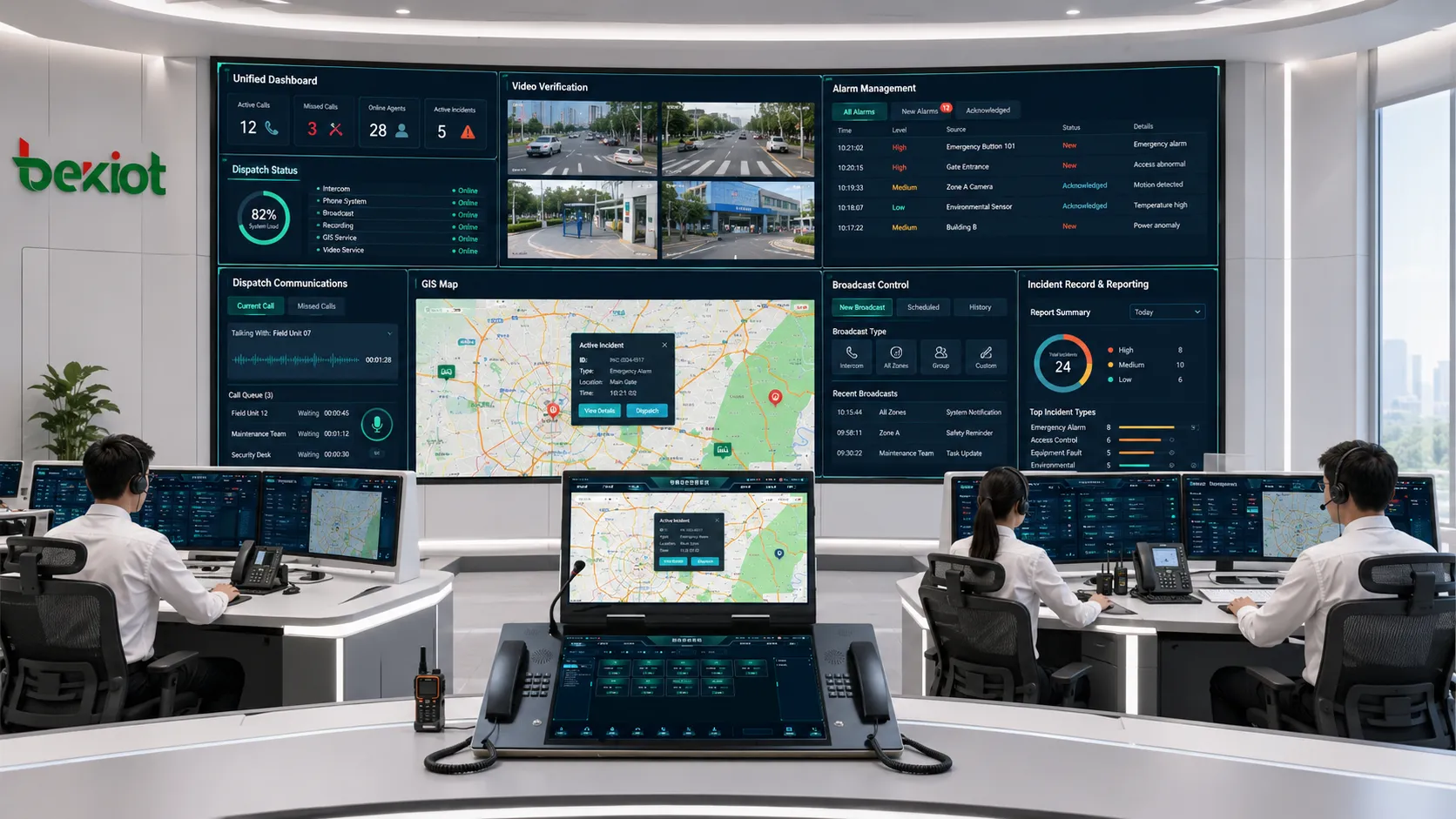 Command center functional modules showing unified dashboard video verification alarm management GIS map dispatch communication incident record and reporting workflow