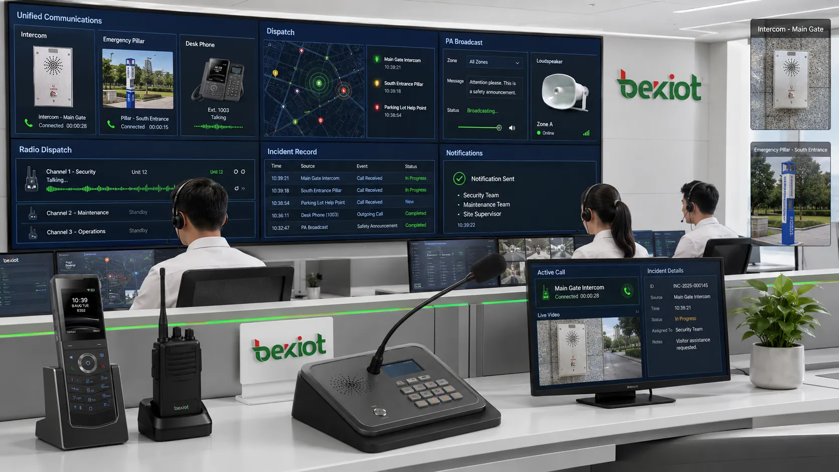 Command center communication dispatch showing operator voice call public address announcement intercom help point mobile notification radio gateway and incident record linkage