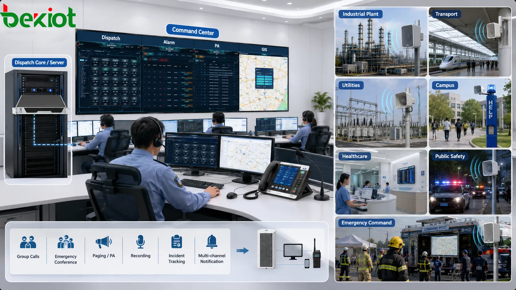 Command and Dispatch System application scenarios showing industrial plant transportation hub energy utility campus hospital public safety and emergency command coordination