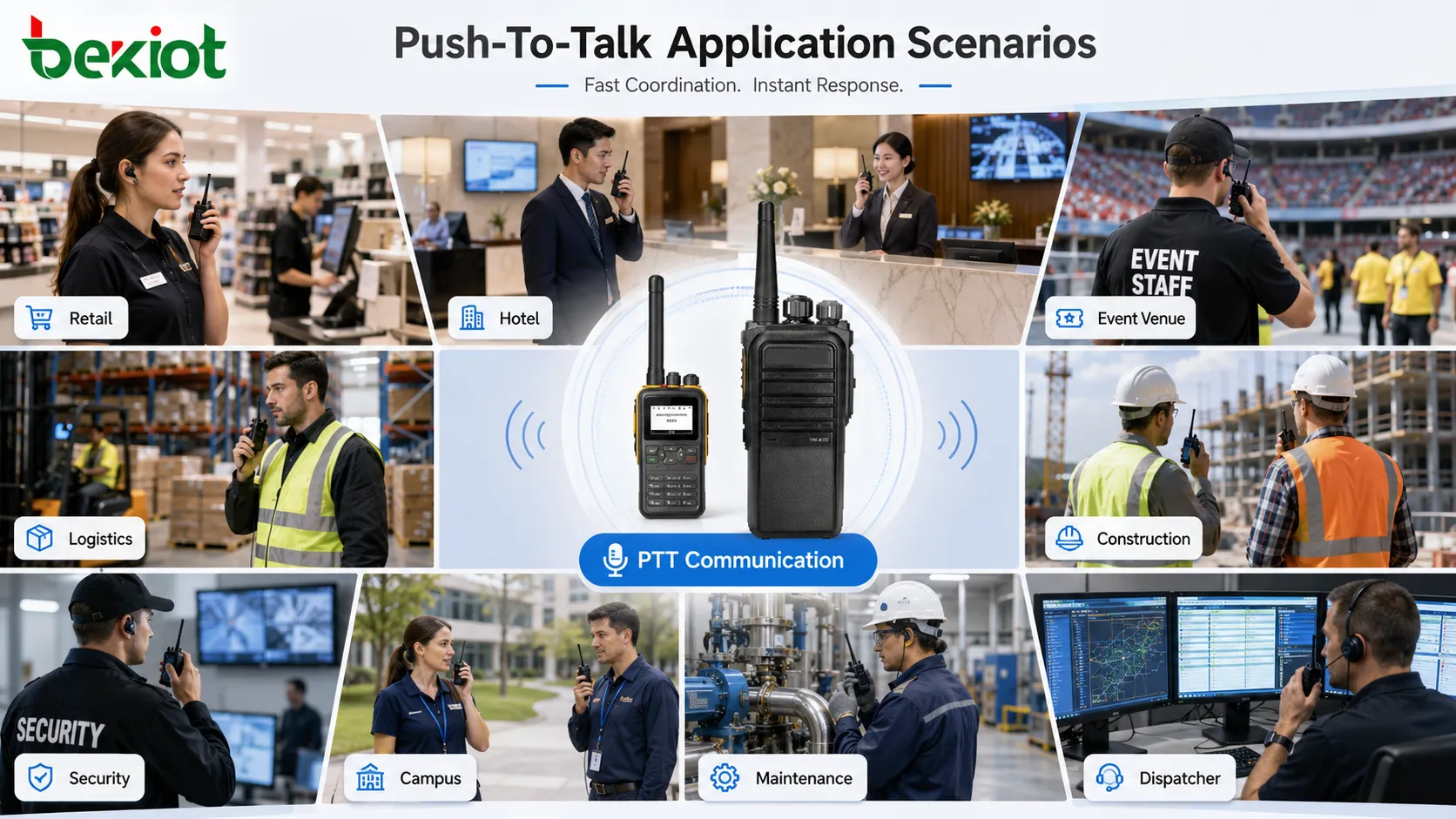 Push-To-Talk application scenarios showing security patrol industrial maintenance logistics fleet construction site campus facility team and dispatcher coordination