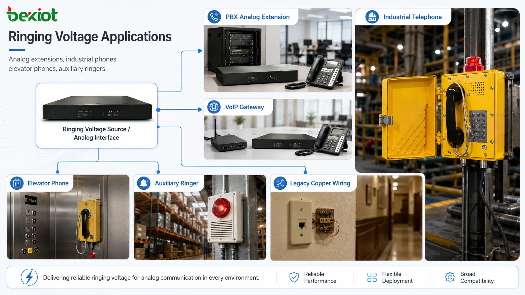 Ringing voltage deployment applications showing PBX analog extension VoIP ATA elevator phone industrial telephone auxiliary ringer and legacy copper wiring