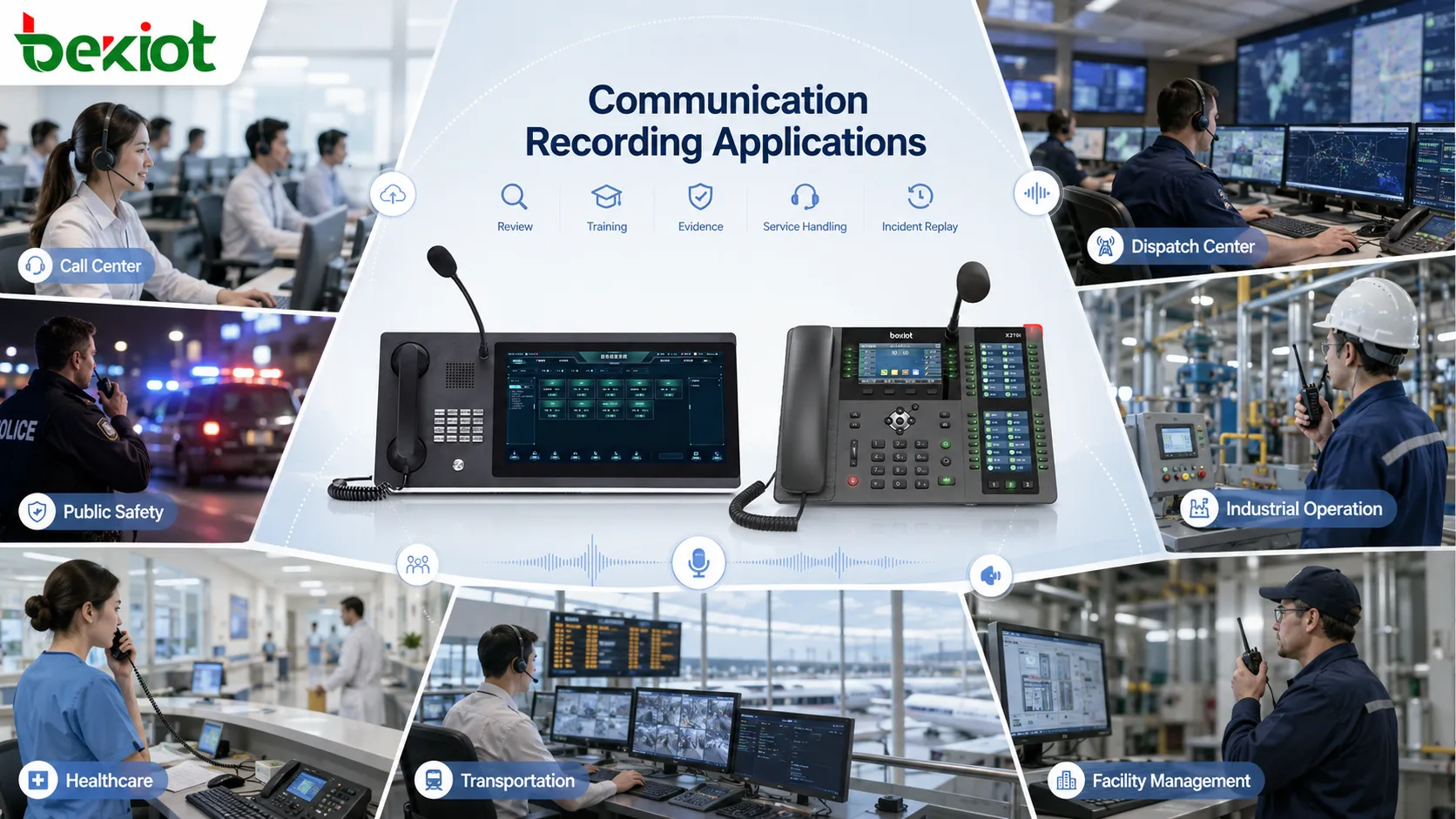 Communication recording application scenarios showing call center command dispatch public safety industrial operation healthcare service transportation facility management and emergency response
