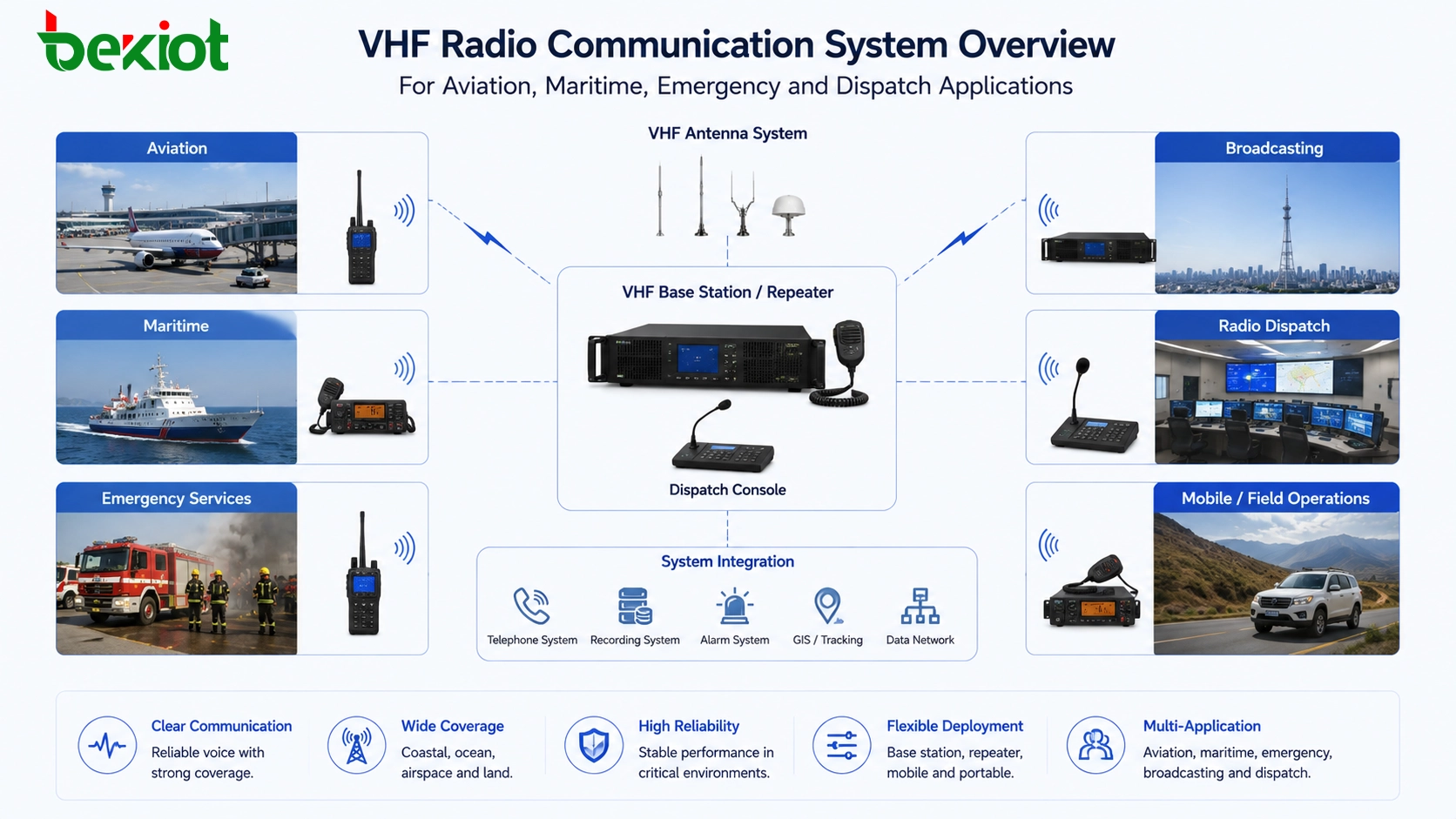VHF radio communication system overview for aviation maritime emergency and dispatch applications