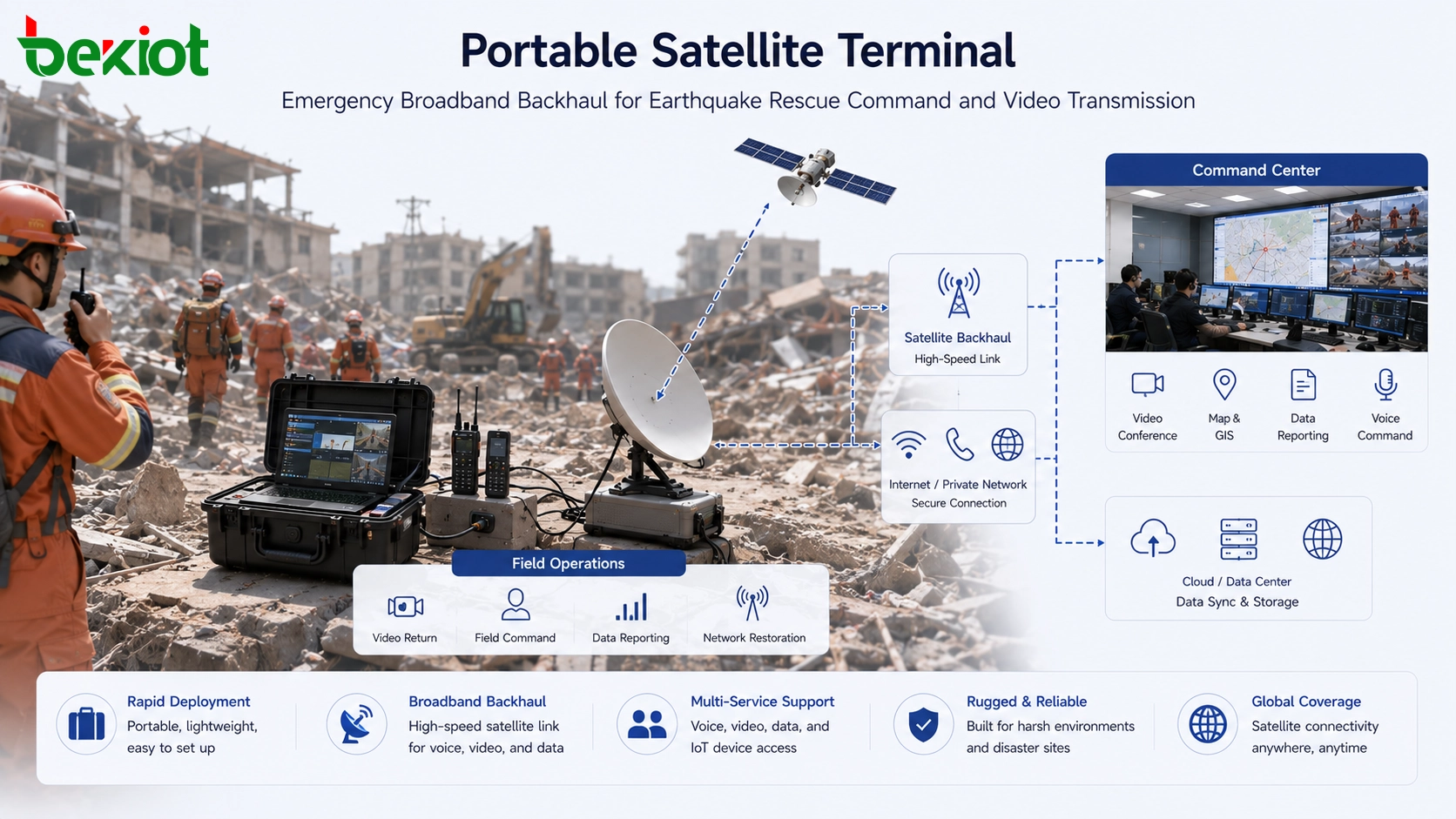 Portable satellite terminal providing emergency broadband backhaul for earthquake rescue command and video transmission