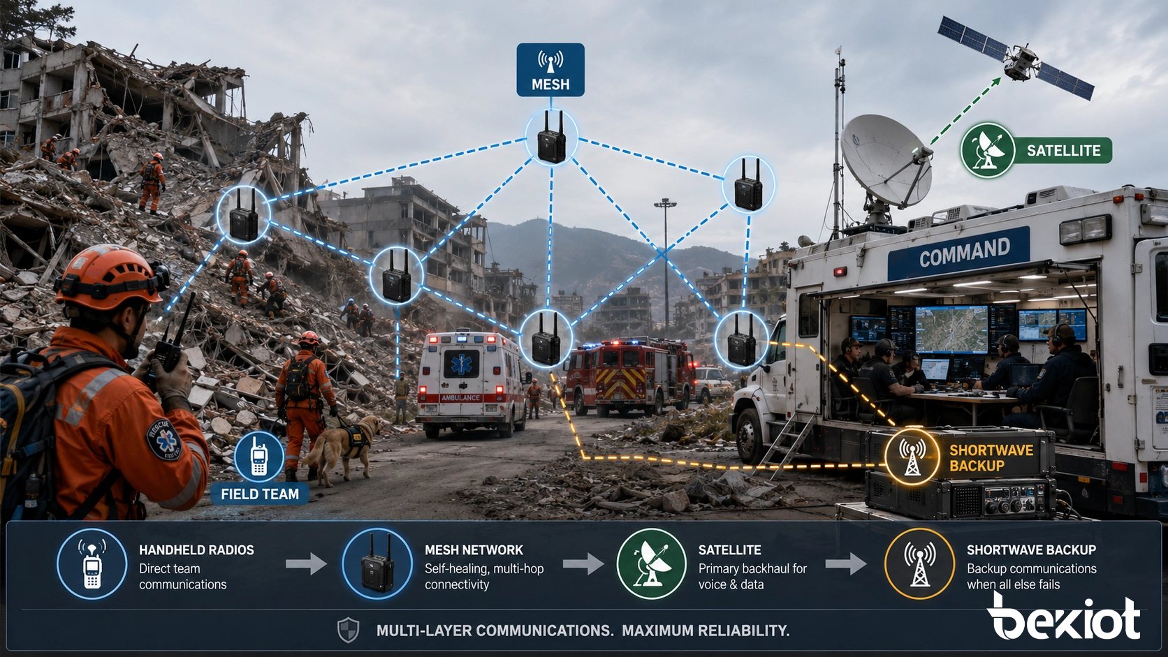 Earthquake rescue emergency command communication network with radios mesh satellite backhaul and shortwave backup