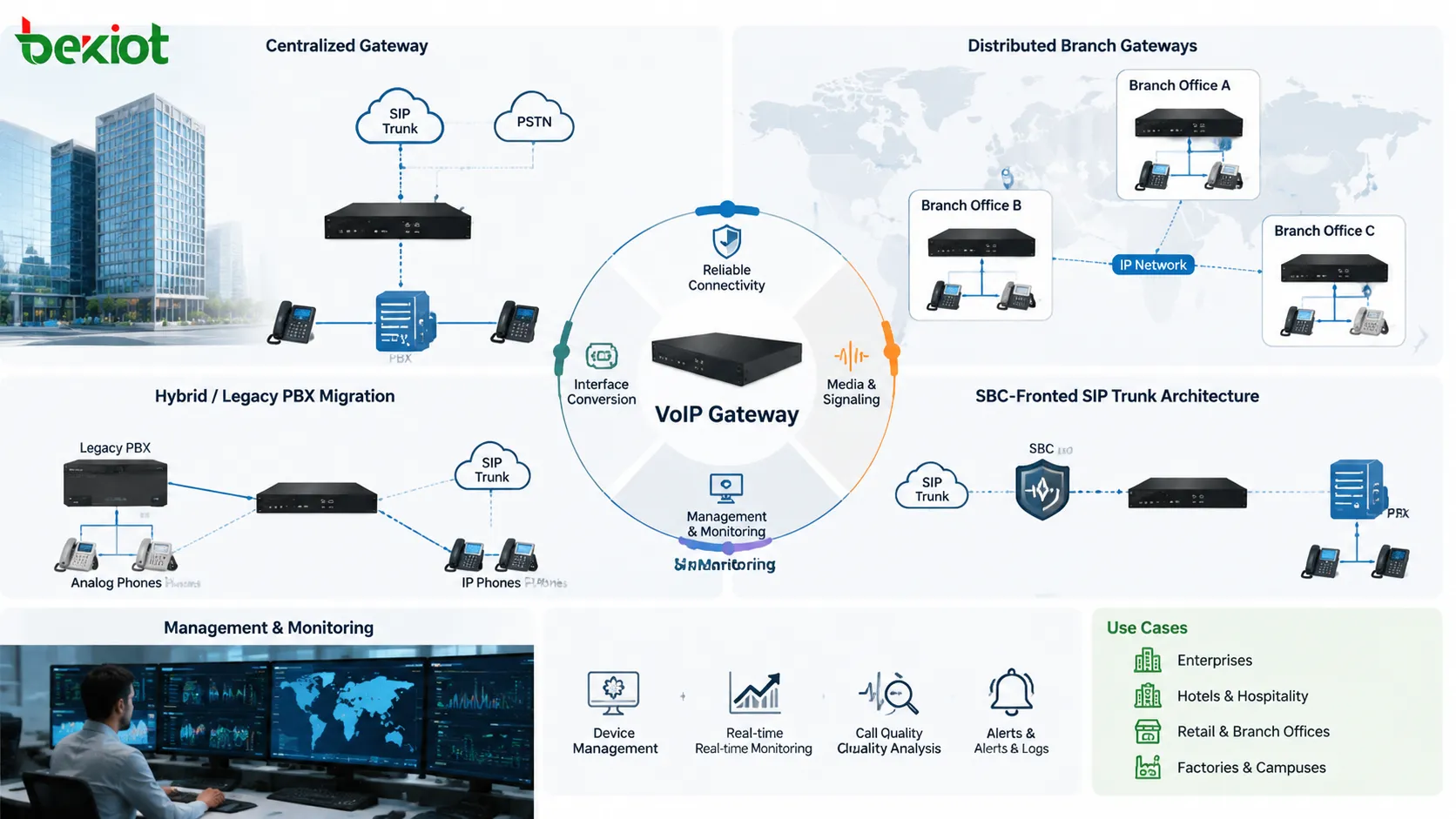 VoIP Gateway deployment patterns showing centralized gateway distributed branch gateways hybrid legacy PBX migration SBC-fronted SIP trunk architecture and management monitoring
