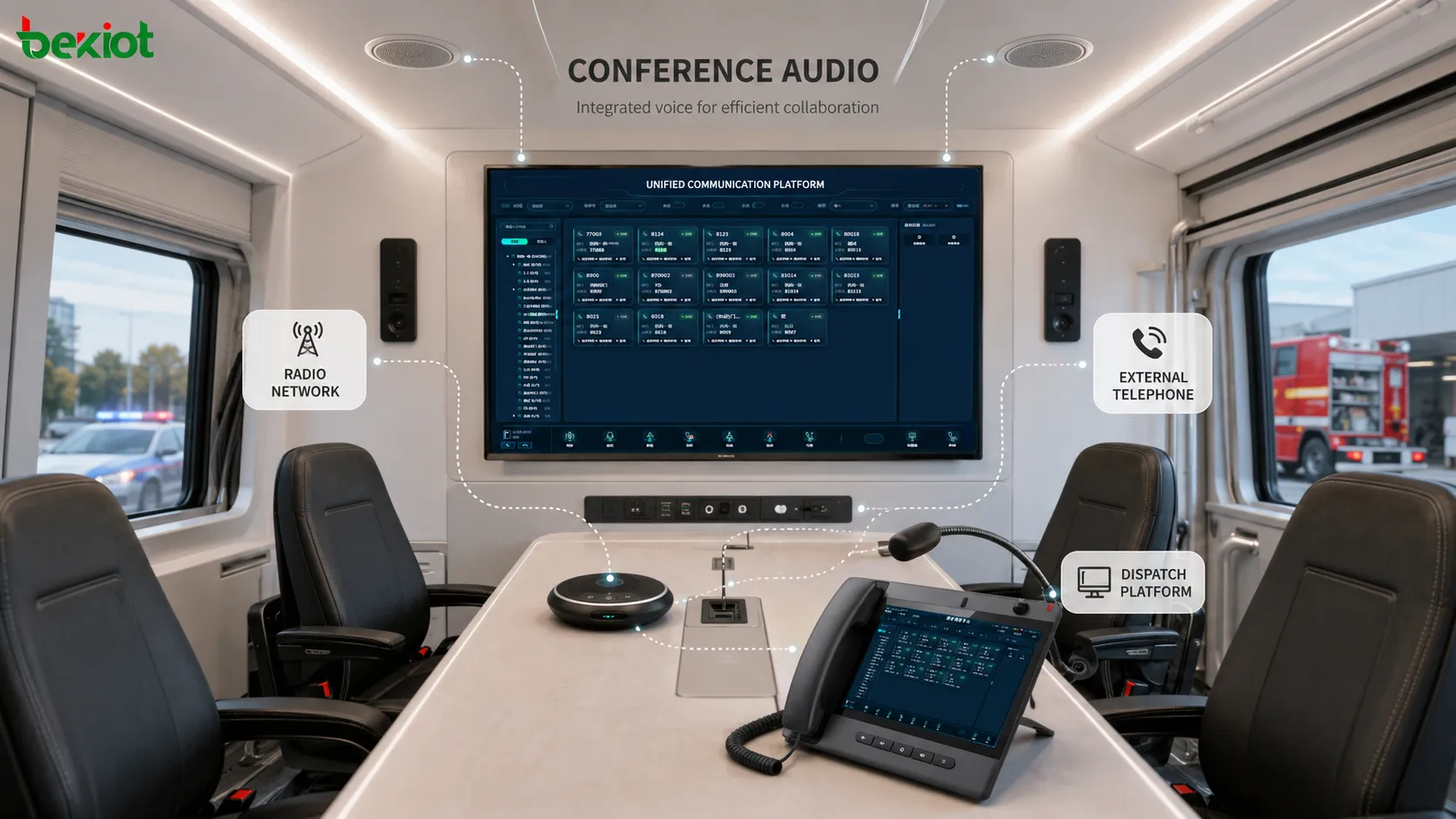 Emergency command vehicle conference audio integrated with dispatch communication radio networks and external telephone access