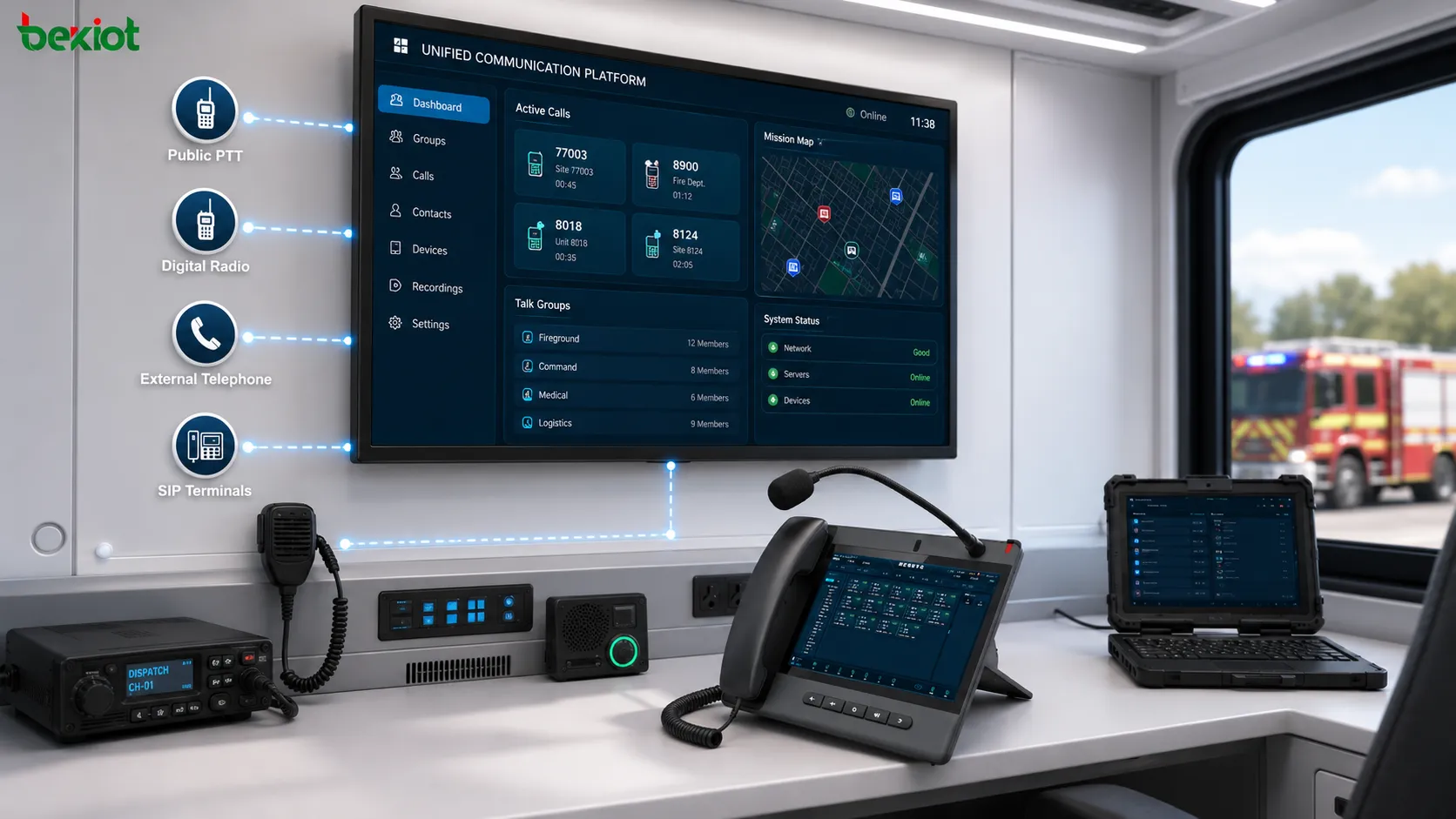 Mobile command vehicle cross-network dispatch connecting public PTT digital radio external telephone and SIP terminals