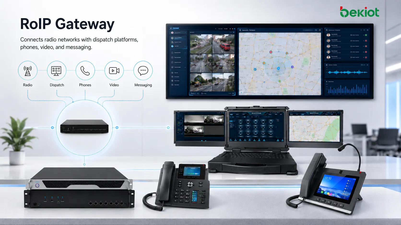 RoIP Gateway connecting radio networks with dispatch command platform phones video and messaging systems