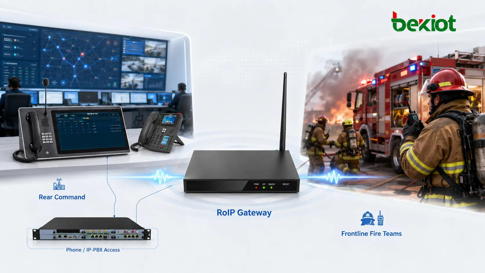 RoIP Gateway enabling rear command center phone users to communicate with frontline radio teams in fire rescue operations