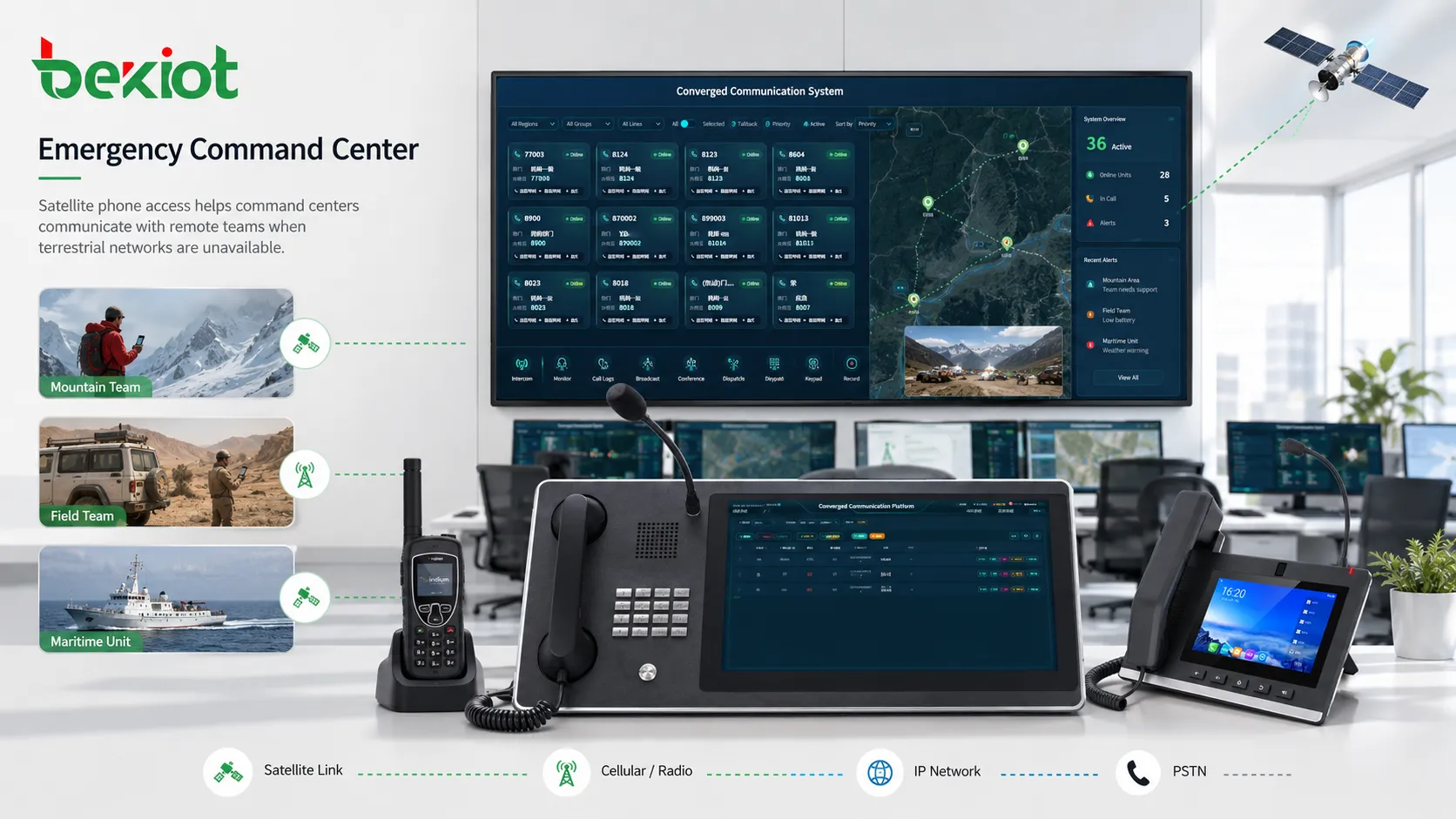 Emergency command center using satellite phones IP phones and dispatch consoles for field communication
