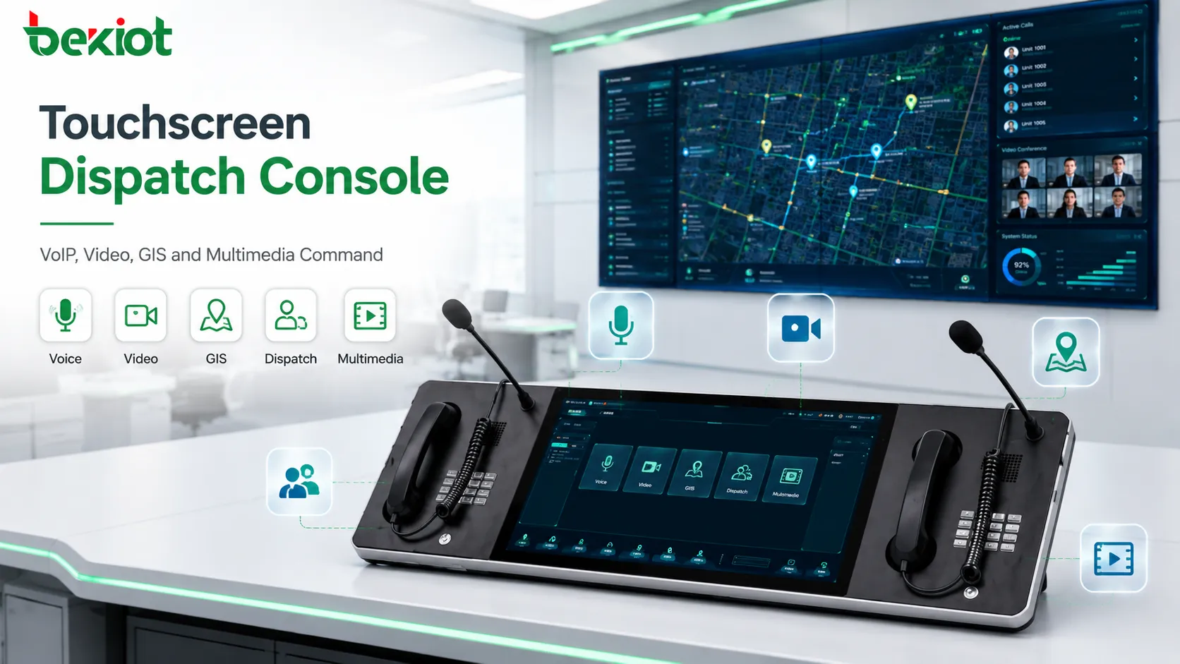 Touchscreen dispatch console for VoIP voice video GIS and multimedia command operation