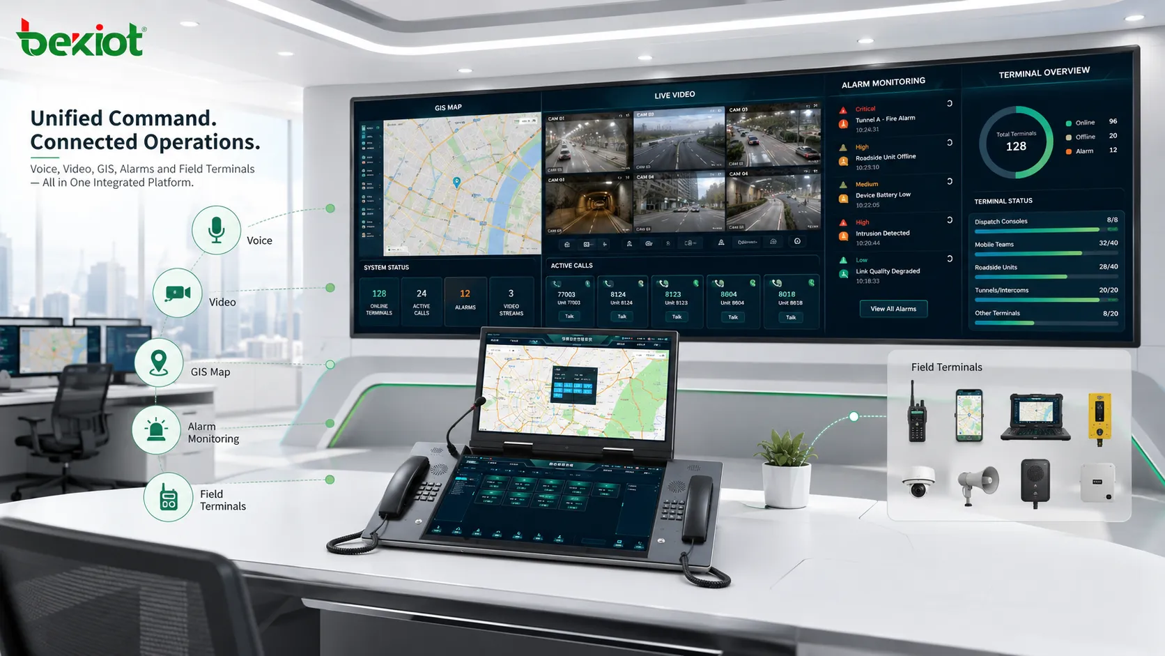 Multi-screen command center dispatch console integrating voice video GIS alarms and field terminals