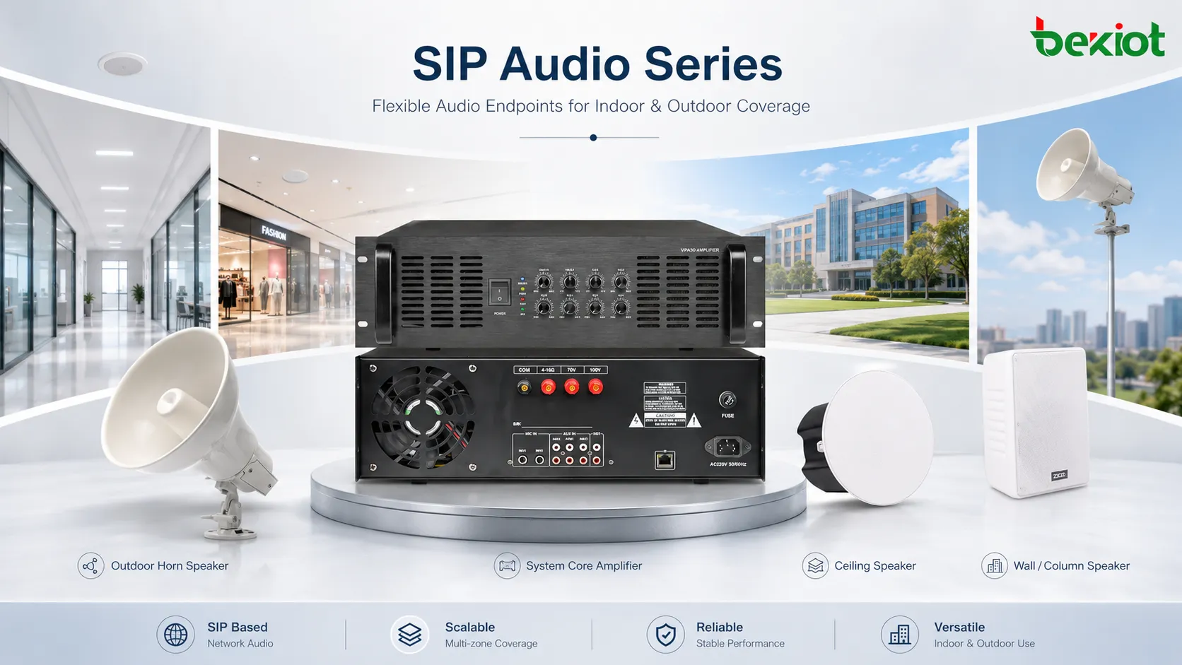 SIP broadcast terminal product line with square ceiling wall column and outdoor horn speakers