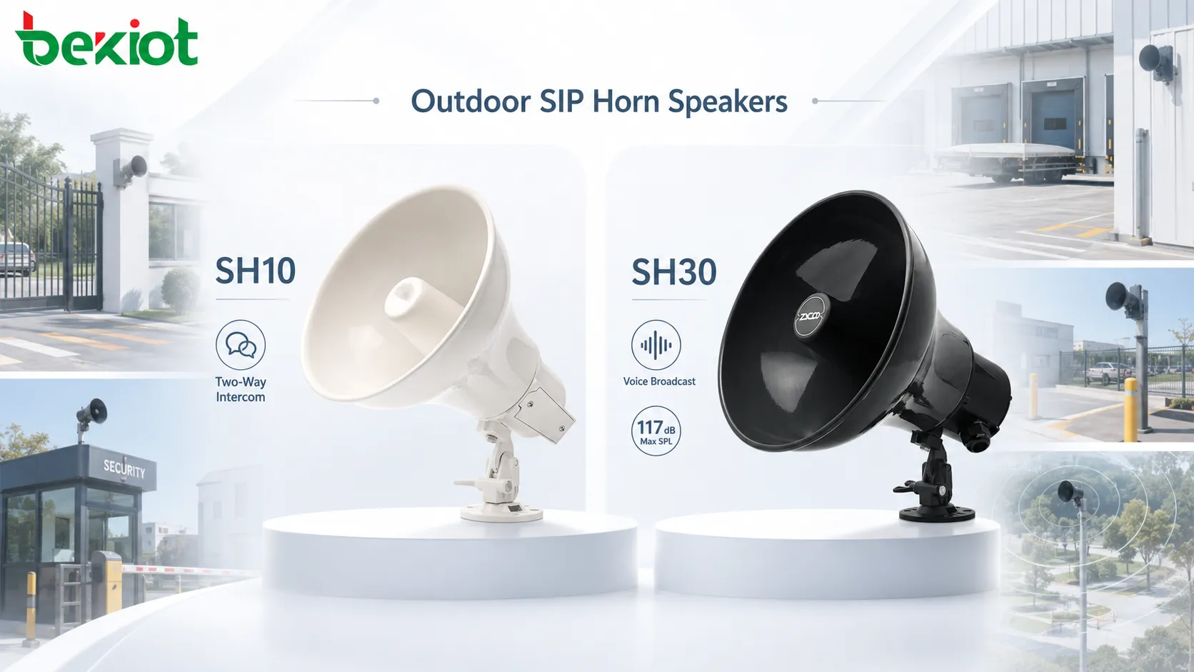 Outdoor SIP horn speaker installed for long distance public address emergency broadcast and two way communication