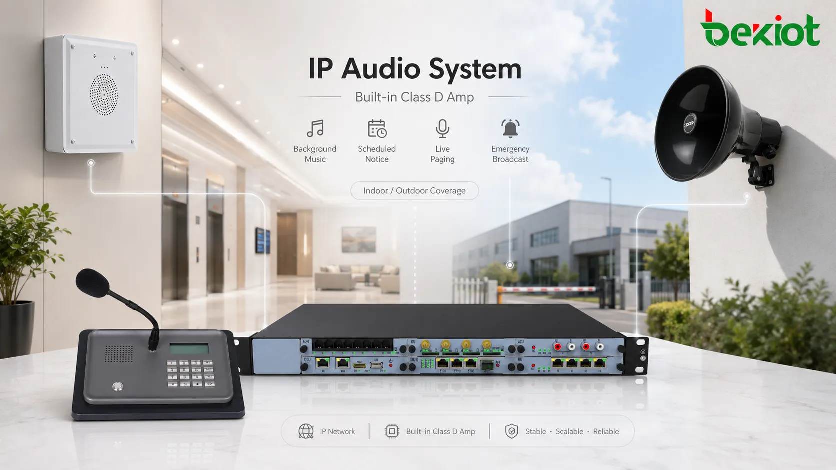 SIP broadcast audio system architecture with SIP server PoE switch network speakers and background music streaming